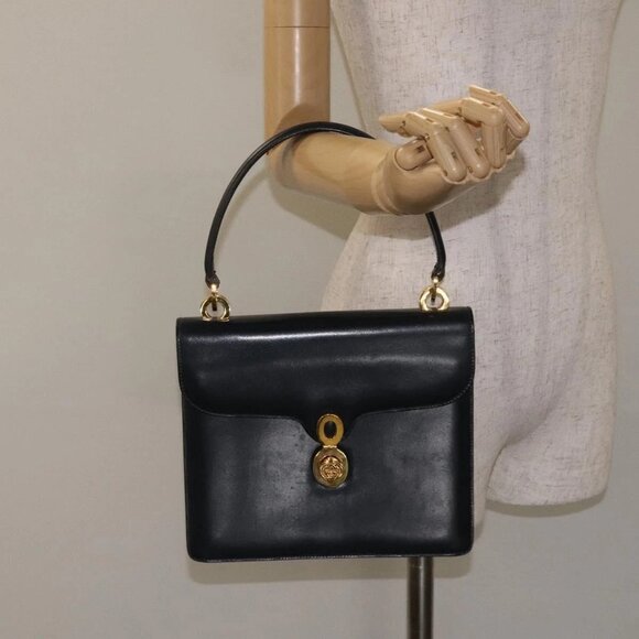 GUCCI Hand Bag Leather Navy Gold Auth - Picture 1 of 16
